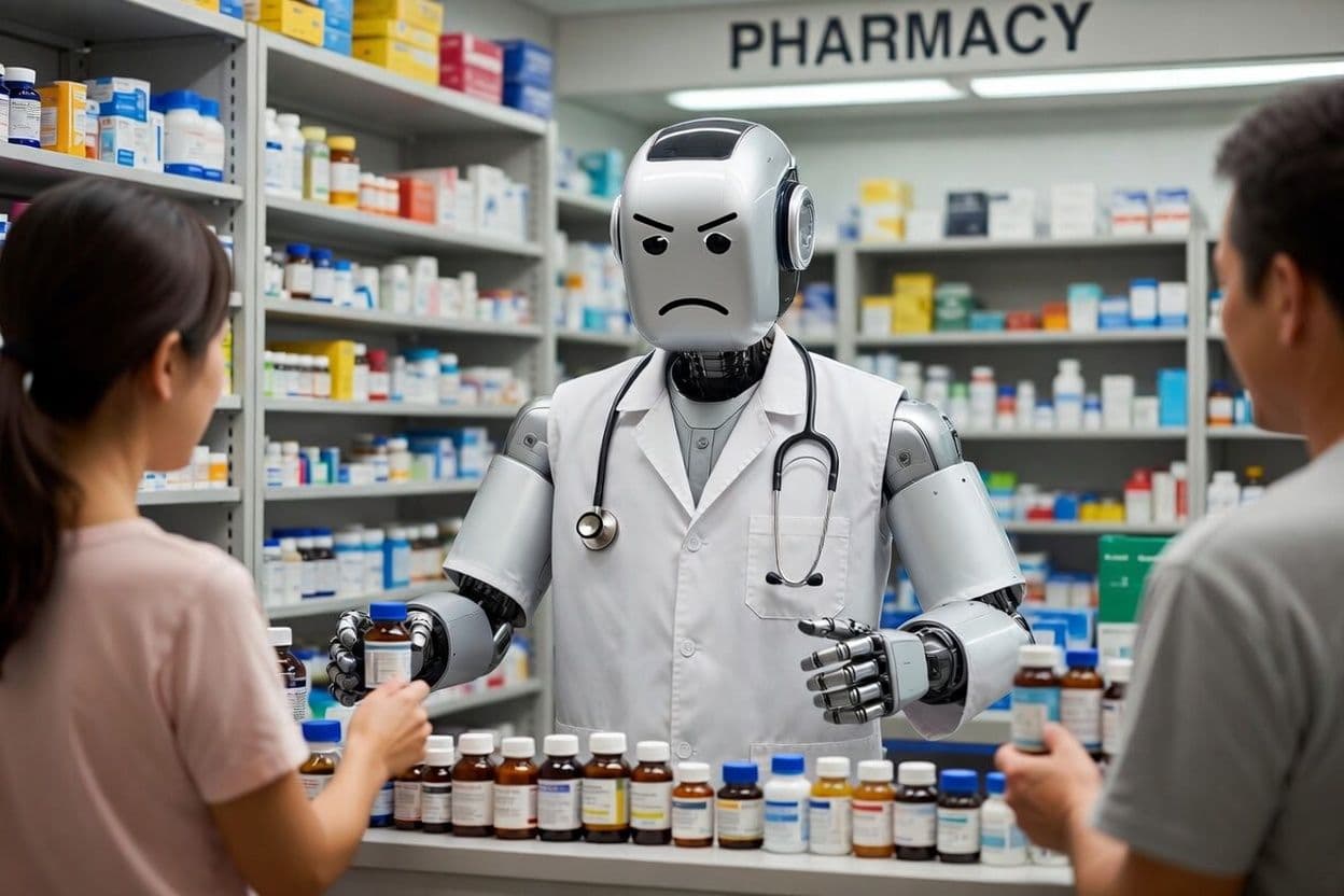 A angry robot serving people in a pharmacy.